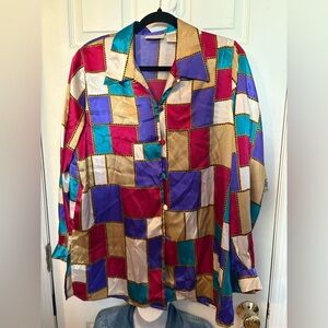 Christie and Jill Shirt Color‎ Block Top Silky Fashion Blouse Chain Link Patch